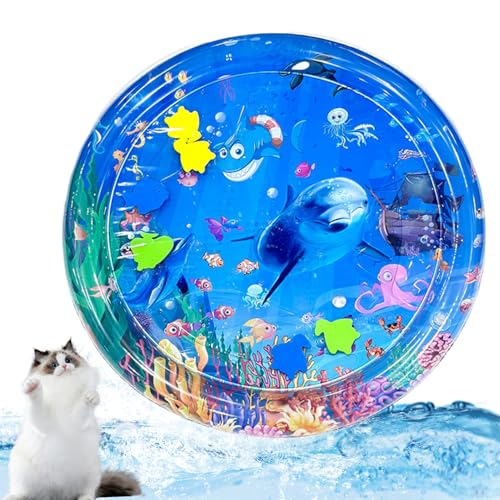 AOpghY Wassersensorische Spielmatte, 26 Zoll runde wasserabfüllbare ＆ aufblasbare Katzenspielmatte, verdickte PVC Wasserssensorische Spielmatte, interaktive Bauchzeit Wassermatte Haustierwaren von AOpghY