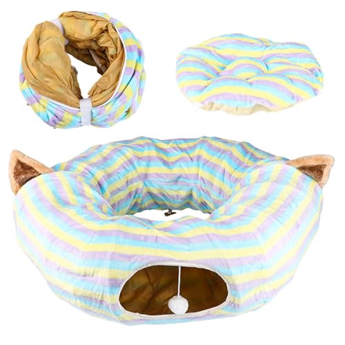 Cat Donut -Tunnel 31,5 -Zoll -Dia -Streifen -Plüsch -Katzen -Tunnel mit zentraler Matte und baumelnder Kugeln falten Cat Tunnel Bett atmungsaktiven geräumigen Katzenring -Tunnel Haustier Gegenstände von AOpghY