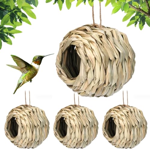 Kolibri-Häuser für den Außenbereich, 4 Stück, Gras, gewebtes Vogelhaus, hängendes Kolibri-Nest mit Seil zum Aufhängen, Vogelhütte, 11,9 x 12,9 cm, Vogelhäuser von AOpghY