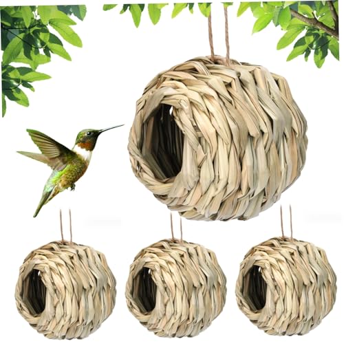 Kolibri-Häuser für draußen, 4 Stück, aus Gras gewebtes Vogelhäuschen, zum Aufhängen, Kolibri-Nest mit hängendem Seil, Vogelhütte, 12,1 x 12,1 cm, Gartenbedarf von AOpghY