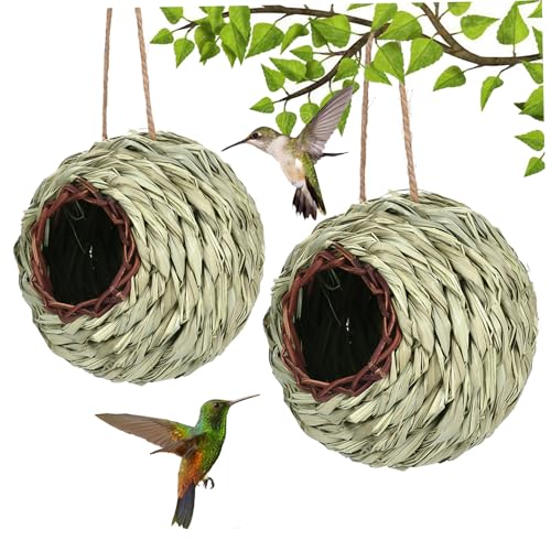 Kolibri-Haus, 2 Stück, aus Gras gewebtes Kolibri-Nest mit hängendem Seil, kugelförmiges Vogelhaus für Terrasse, Rasen, Gartendekoration, Kolibri-Geschenke, Gartenbedarf von AOpghY