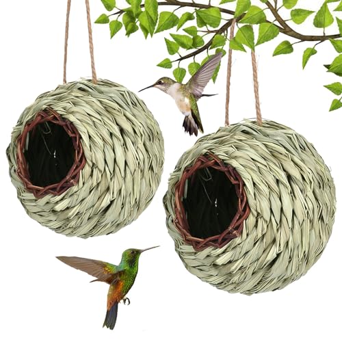 Kolibri-Haus, 2 Stück, aus Gras gewebtes Kolibri-Nest mit hängendem Seil, kugelförmiges Vogelhaus für Terrasse, Rasen, Gartendekoration, Kolibri-Geschenke, Kolibri-Häuser von AOpghY