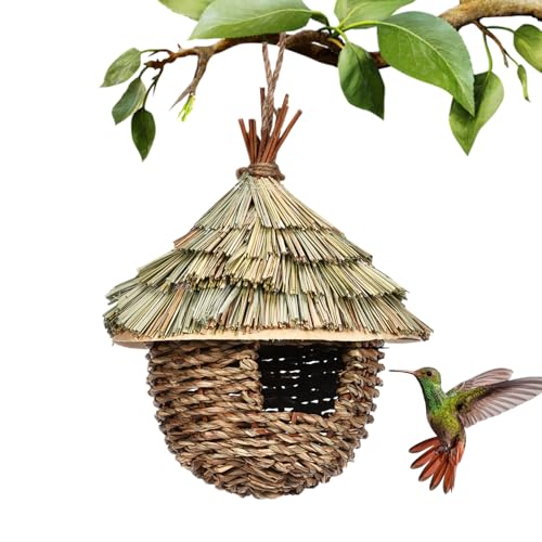 Kolibri-Haus für draußen, 17 x 22 cm, gewebtes Kolibri-Nest aus Stroh, zum Aufhängen, Vogelhaus für Gartendekoration, Geschenk für Vogelliebhaber, Gartenbedarf von AOpghY