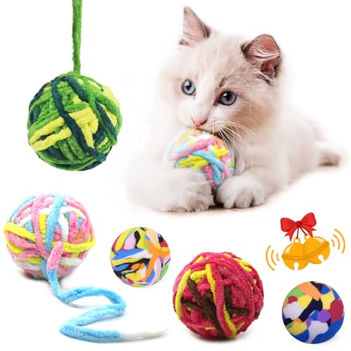 Katzenball-Spielzeug – bunte Wollgarn-Bälle mit integrierter Glocke für Katzen, flauschiger Rasselball für Kätzchen und Kätzchen, interaktives Jagen, Kauen, Baumwollfaden, Kugelspielzeug von AP ARTSPER