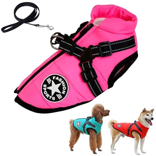 APAAZO Pawbibi Sport – wasserdichte Winterjacke Mit Integriertem Geschirr, Pawbibi Hundejacke Mit Geschirr Winddicht Reflektierend Warm Verstellbare Schnee Hundemäntel Mit Reißverschluss (Pink,M) von APAAZO