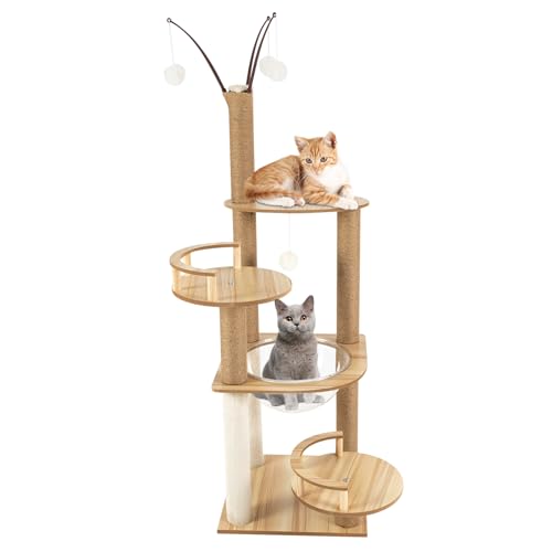 Katzen Kratzbaum, 132 cm Katzenbaum Kletterturm, Mehrstöckiges Katzenhaus, Kletterbaum Aktivitätskratzbäum mit Spielbälle, Katzenspielzeug, Höhle, Hellbraun von APETX