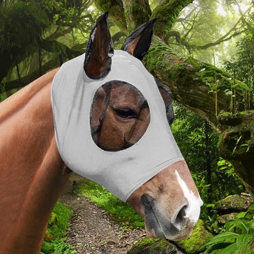 APOMOONS Fliegenmaske Pferd UV Schutz, Super Comfort Stretchy Pferdefliegenmaske mit Ohrenschutz, Fliegenhaube Pferde Fliegenmaske Horse Fly Mask, Fliegenmaske Shetty Large Eye Space (Grau) von APOMOONS