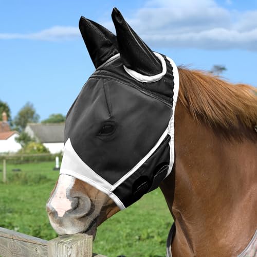 APOMOONS Fliegenmaske Pferd UV Schutz, Super Comfort Stretchy Pferdefliegenmaske mit Ohrenschutz, Fliegenhaube Pferde Fliegenmaske Horse Fly Mask, Fliegenmaske Shetty Large Eye Space (L, Schwarz Weiß) von APOMOONS