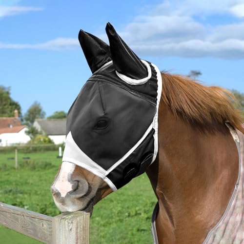 APOMOONS Fliegenmaske Pferd UV Schutz, Super Comfort Stretchy Pferdefliegenmaske mit Ohrenschutz, Fliegenhaube Pferde Fliegenmaske Horse Fly Mask, Fliegenmaske Shetty Large Eye Space (M, Schwarz Weiß) von APOMOONS