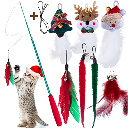 APSUAE 9 x Weihnachts-Katzenspielzeug, austauschbare Feder-Katzenspielzeug-Aufsätze, einziehbarer Katzenstab Plüschwürmer, Katzenminze, Spielzeug mit Glocken, Ersatzseil aus Nylon, Geschenk für von APSUAE