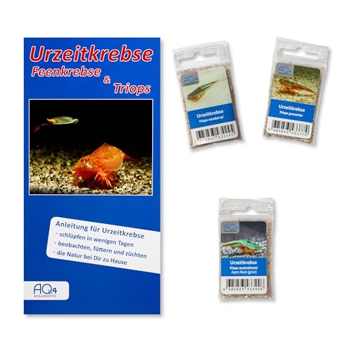 AQ4Aquaristik Triops RARITÄTEN 3er-Set - Triops australiensis (grün), T. longicaudatus (Südkorea) und T. newberryi - (DREI Zuchtansätze, mit Urzeitkrebs-Eiern) mit Anleitung von AQ4Aquaristik