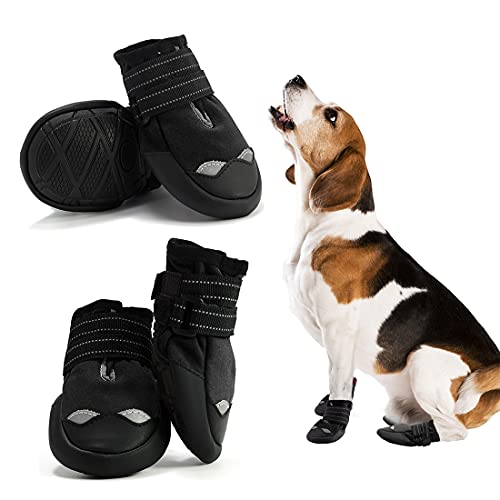 4Pcs Hundeschuhe, Pfotenschutz für Hunde mit reflektierenden Riemen, wasserdichte Hundestiefel mit weicher Sohle für Hunde (1#, Schwarz) von AQH