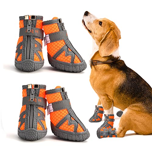 AQH 4Pcs Hundeschuhe, Aktualisiert Pfotenschutz für Hunde mit Anti-Rutsch Sohle, Atmungsaktiv Hundestiefel mit reflektierenden Riemen für Hunde (Orange, Breite Größe 3: 3,6-4,0 cm) von AQH