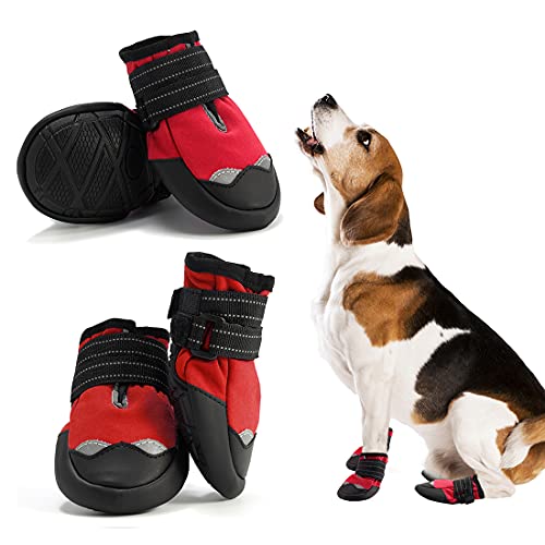 AQH 4Pcs Hundeschuhe, Pfotenschutz für Hunde mit reflektierenden Riemen, wasserdichte Hundestiefel mit weicher Sohle für Hunde (1#, Rot) von AQH