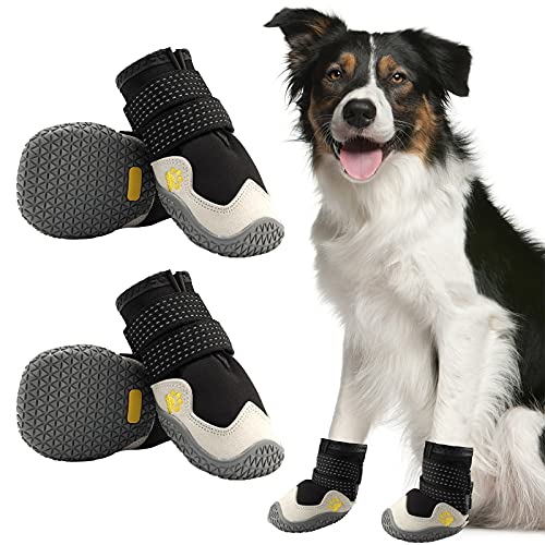 Hundeschuhe, 4 Stück Atmungsaktive Stiefel für Hunde mit reflektierenden Riemen, Mikrofaser Leder Gummi Rhombische Sohle Hundepfotenschutz (B, 4#) von AQH