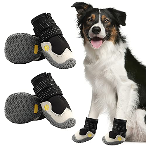 AQH Hundeschuhe, 4 Stück Atmungsaktive Stiefel für Hunde mit reflektierenden Riemen, Mikrofaser Leder Gummi Rhombische Sohle Hundepfotenschutz (B, 7#) von AQH