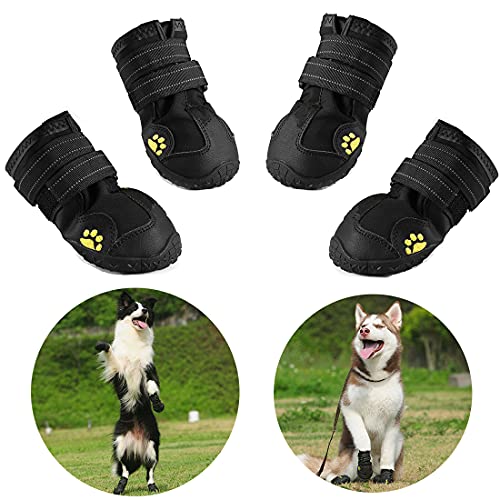 Hundeschuhe, 4 Stück wasserdichte Hundestiefel Pfotenschutz, mit reflektierenden Riemen, robuste rutschfeste Sohle (6#, Schwarz) von AQH