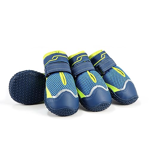 Hundeschuhe Pfotenschutz, 4 Stück Breathable Hundeschuhe mit reflektierenden Riemen, robuste rutschfeste Sohle, Splashproof, Sport im Freien (#0, Blau) von AQH