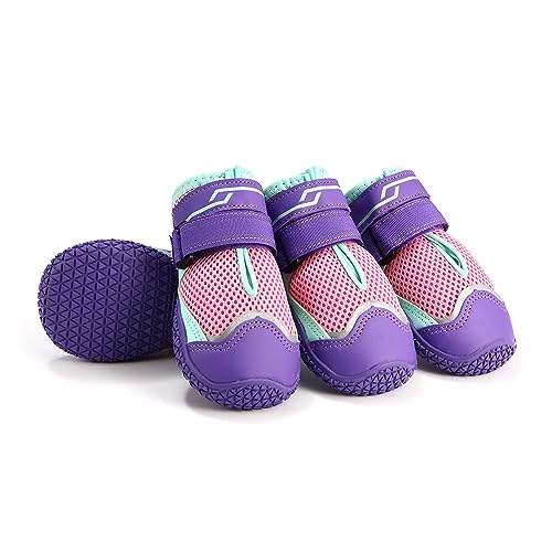 Hundeschuhe Pfotenschutz, 4 Stück Breathable Hundeschuhe mit reflektierenden Riemen, robuste rutschfeste Sohle, Splashproof, Sport im Freien (#3, Lila) von AQH