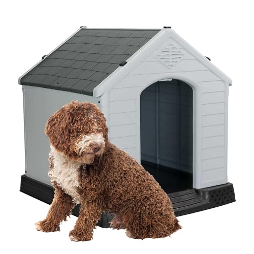 Aqpet Hundehütte aus Kunststoff für den Innen- und Außenbereich, wasserdicht mit erhöhtem Boden, für große Hunde 105 x 96 x 98 H, Grau von AQPET