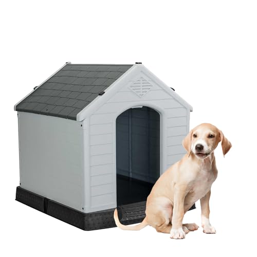 Aqpet Hundehütte aus Kunststoff für den Innen- und Außenbereich, wasserdicht mit erhöhtem Boden, für mittelgroße Hunde 87 x 78 x 81 H, Grau von AQPET