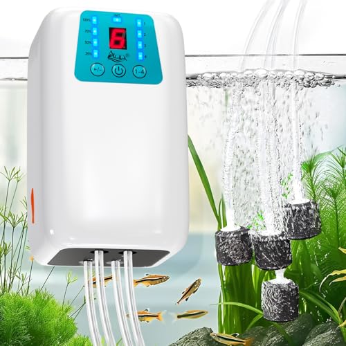 AQQA Aquarium Luftpumpe, 1000L/h Sauerstoffpumpe Batterie mit 4 Ausgänge, 6-Stufig Einstellbarer Luftstrom, USB Tragbare Sauerstoffpumpe Aquarium für Outdoor-Fischen von AQQA