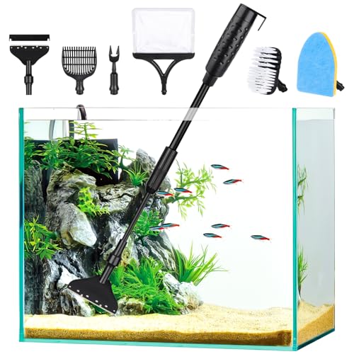 AQQA Aquarium-Reinigungsset,6-in-1 Aquarium Reinigung mit Schwamm Reinigungsbürste,Algenschaber,Fischnetz,Kies Sandrake,Pflanzengabel,Aquarienreiniger,Fish Tank Reiniger Set von AQQA