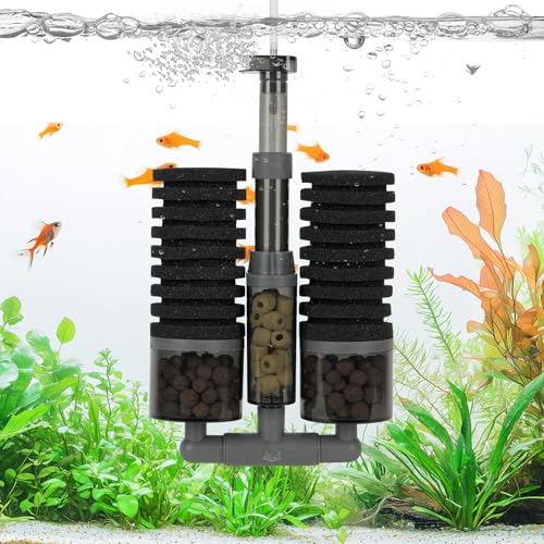 AQQA Aquarium-Schwammfilter, Doppelschwamm, ultra-leiser Aquariumfilter mit mehrstufiger Filtration, 360° verstellbarer Auslass, 2 Beutel Keramikkugeln und 1 Beutel Keramikringe von AQQA