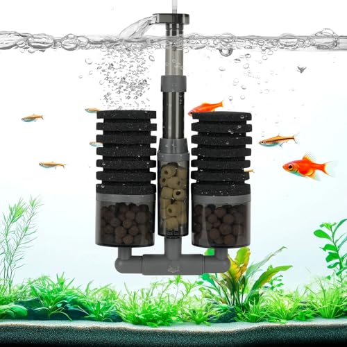 AQQA Aquarium-Schwammfilter, Doppelschwamm, ultra-leiser Aquariumfilter mit mehrstufiger Filtration, 360° verstellbarer Auslass, 2 Beutel Keramikkugeln und 1 Beutel Keramikringe von AQQA