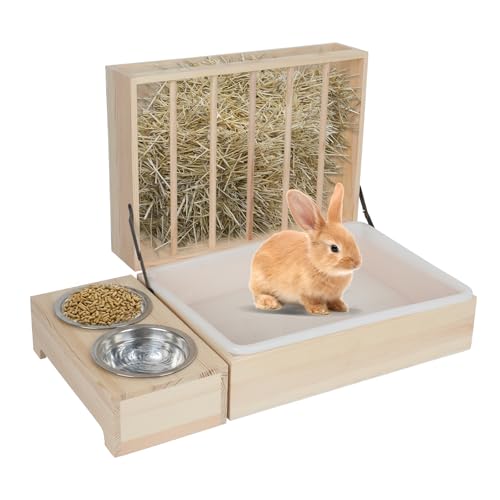 AQQHSAIN 3 in 1 Kaninchen Heu-Futterstation mit Katzentoilette Holz Kaninchen Katzentoilette Häschen Heu Futterspender mit Toilette und Schalen Tier Heu Halter Rack für Meerschweinchen, Chinchillas, von AQQHSAIN