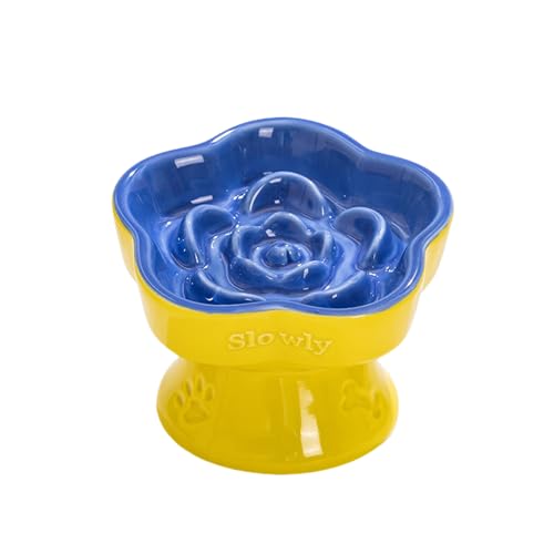 Aquainno Pet Slow Feeder Bowl, Erhöhte und geneigte Keramik Slow Feeder Bowl für Katzen und kleine Hunde, Erhöhter Futternapf für Trocken- und Nassfutter, verhindert Erbrechen und Ersticken (Blau) von AQUAINNO