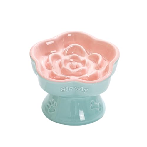 Aquainno Pet Slow Feeder Bowl, Erhöhte und geneigte Keramik Slow Feeder Bowl für Katzen und kleine Hunde, Erhöhter Futternapf für Trocken- und Nassfutter, verhindert Erbrechen und Ersticken (Rosa) von AQUAINNO