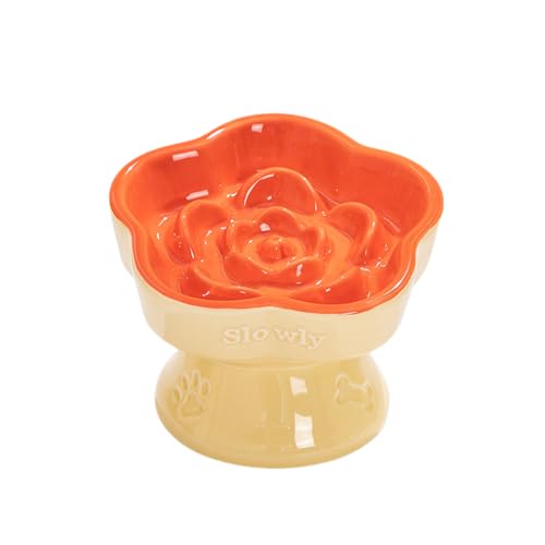 Aquainno Pet Slow Feeder Bowl, Erhöhte und geneigte Keramik Slow Feeder Bowl für Katzen und kleine Hunde, Erhöhter Futternapf für Trocken- und Nassfutter, verhindert Erbrechen und Ersticken (Orange) von AQUAINNO