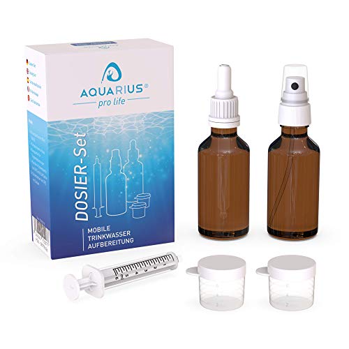 AQUARIUS pro life ® - Dosier Set I inkl. 2x 50 ml Fläschchen, Pipette, Spraykopf & Messbecher I Urlaubs- & Outdoor Set I zum Dosieren von CDS/CDL/Chlordioxid-Lösungen von AQUARIUS pro life