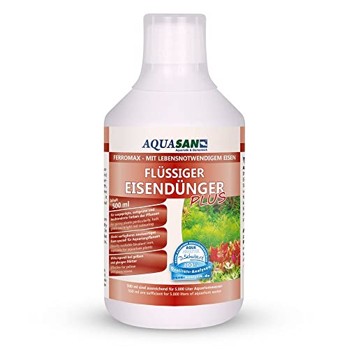 AQUASAN Aquarium FerroMax Flüssiger Eisendünger Plus (Versorgt Aquarium Pflanzen mit dem Nährstoff Eisen für sattgrüne, leuchtendrote Farben), Inhalt:0.5 Liter von AQUASAN Aquaristik & Gartenteich