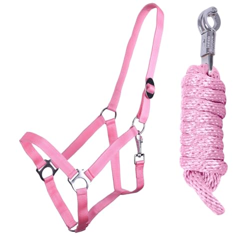 ARBO-INOX Halfter-Set Beginner II Halfter + Führstrick mit Panikhaken verstellbar (Full Warmblut, Flamingo Pink) von ARBO-INOX