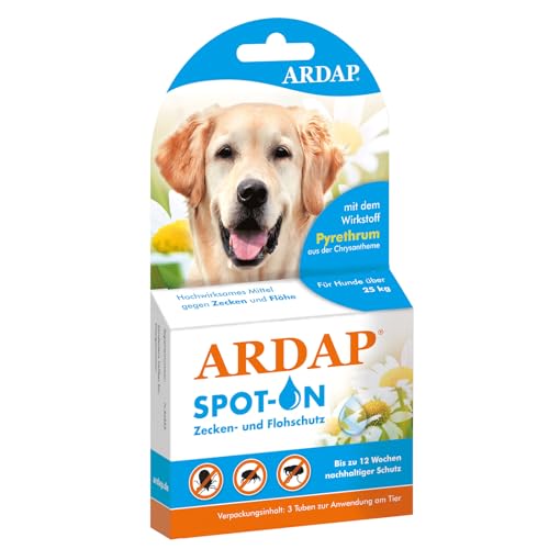 ARDAP Spot On für Hunde über 25kg - Natürlicher Wirkstoff - Zeckenmittel für Hunde, Zeckenschutz Hund, Flohmittel Hund - 3 Tuben je 4ml - Bis zu 12 Wochen nachhaltiger Langzeitschutz (PT19) von ARDAP