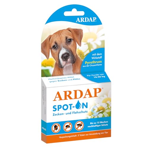 ARDAP Spot On - Zecken & Flohschutz für Hunde von 10 bis 25kg - Natürlicher Wirkstoff - 3 Tuben je 2,5ml - Bis zu 12 Wochen nachhaltiger Langzeitschutz mittelgroße Hunde 10 - 25 kg von ARDAP