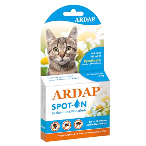 ARDAP Spot On für Katzen bis 4kg - Natürlicher Wirkstoff - Zeckenmittel für Katzen, Flohmittel Katzen, Zeckenschutz Katze - 3 Tuben je 0,4ml - Bis zu 12 Wochen nachhaltiger Langzeitschutz (PT19) von ARDAP