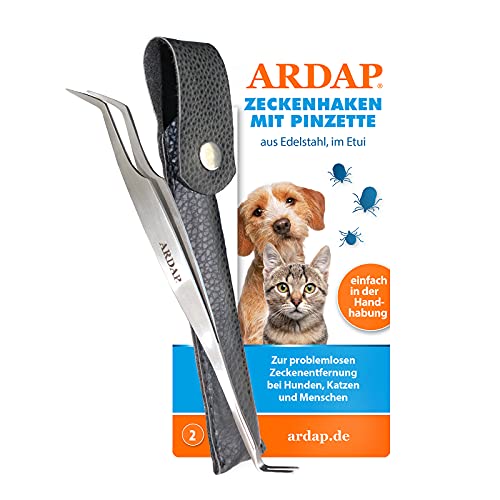 ARDAP Zeckenzange und Zeckenhaken 2in1 Zeckenpinzette aus Edelstahl im LederEtui Einfache & effektive Zeckenentfernung Premium Zeckenzange für Hunde, Zeckenzange Katze & Zeckenzange Mensch von ARDAP