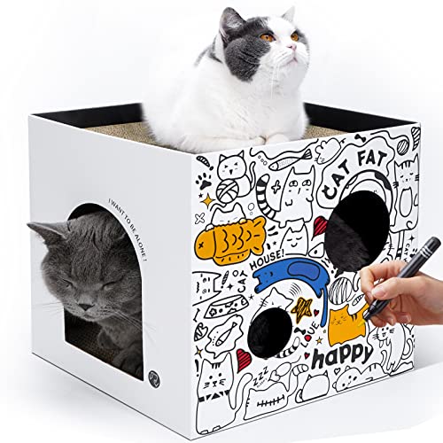 Karton Katzenhaus mit 2 Geschichte Kratzpads Katzenspielhaus für Indoor Katzen Wellpappe Kratzbox Katzenkratzspielzeug für Katze Geburtstag, Versteck für Bunny Kleintiere von ARGOPET