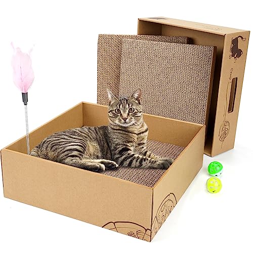 Katzenkratzbaum mit Box, 3-in-1 wendbares Katzenkratzpad, Wellpappe, Katzenkratzer für Indoor-Katzen, Ersatz-Karton-Nachfüllpackung, Lounge- und Katzenbett mit Kratzspielzeug und Spielzeugbällen von ARGOPET