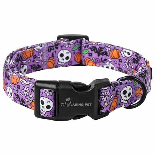 ARING PET Halloween-Hundehalsband, Baumwolle, violetter Kürbis, verstellbar, Totenkopf-Motiv, Fledermaus-Druck, Haustierhalsband, Welpenhalsband mit Schnellverschluss-Schnalle für Mädchen und Jungen von ARING PET