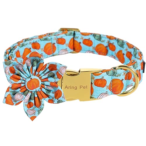 ARING PET Halloween Hundehalsband Baumwolle Kürbis Hundehalsband mit Blume, verstellbare blaue Kürbis Haustier Halsbänder Mädchen Welpen Halsbänder mit Metallschnalle von ARING PET