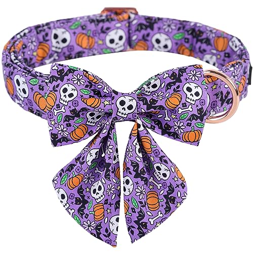 ARING PET Halloween Hundehalsband Baumwolle Schädel Hundehalsband, Verstellbare Lila Kürbis Fledermäuse Hundehalsbänder Niedliches Gänseblümchen Welpenhalsband für kleine, mittelgroße und große Hunde von ARING PET