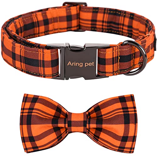 ARING PET Hundehalsband, niedliches Herbst-Hundehalsband mit Schleife, verstellbares Halloween-Orange-Gitter-Fliege, Hundehalsband, Geschenk mit Metallschnalle für kleine, mittelgroße und große Hunde von ARING PET