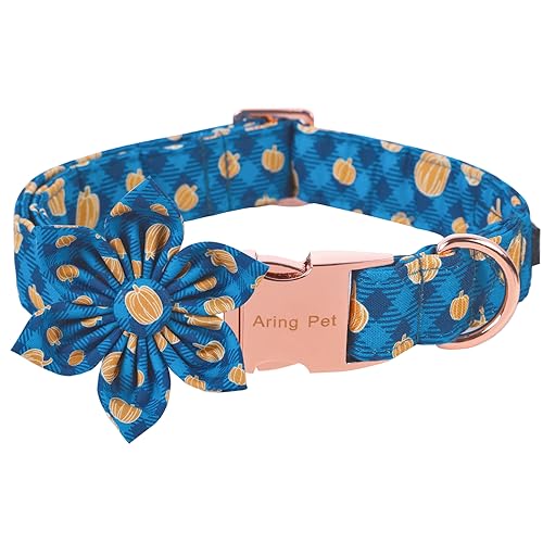 ARING PET Kürbis Hundehalsband, Baumwolle Halloween Plaid Hundehalsband mit Blume, Verstellbare Blau Halloween Kürbis Hundehalsbänder für Kleine Mittlere Große Hunde von ARING PET