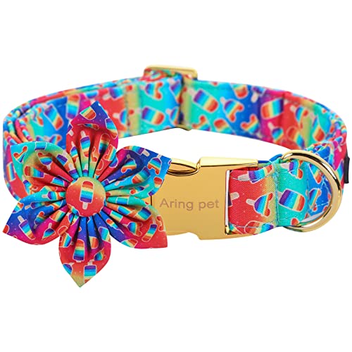 ARING PET LGBTQ Hundehalsband, niedliches Regenbogen-EIS am Stiel, Hundehalsband mit Blume, Baumwolle Pride Hundehalsband Blume mit Metallschnalle für kleine, mittelgroße und große Mädchen und Jungen von ARING PET