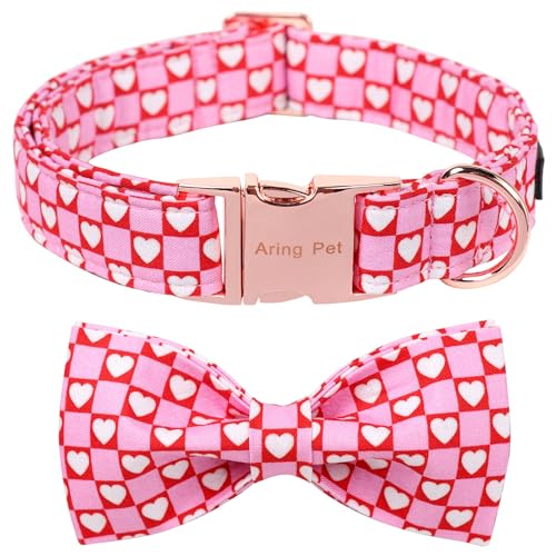 ARING PET Valentinstags-Hundehalsband, rosa Herz, mit Fliege, verstellbar, Baumwolle, Valentins-Hundehalsband, Welpenhalsband mit Metallschnalle von ARING PET