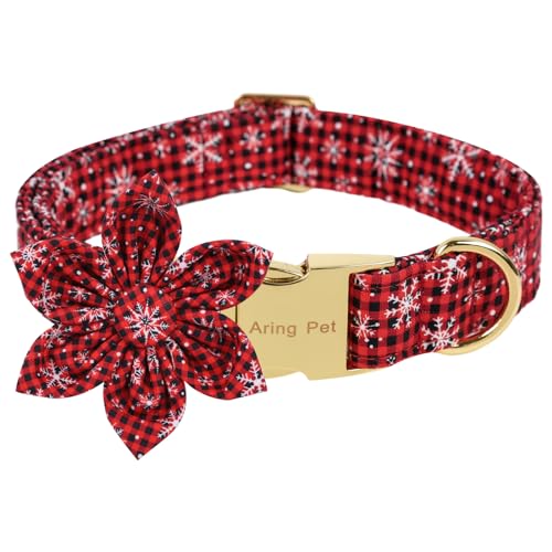 ARING PET Weihnachts-Hundehalsband, Winter-Schneeflocken, Hundehalsband mit Blume, verstellbar, Baumwolle, Schwarz / Rot, kariert, Weihnachts-Haustierhalsbänder, Welpenhalsbänder von ARING PET